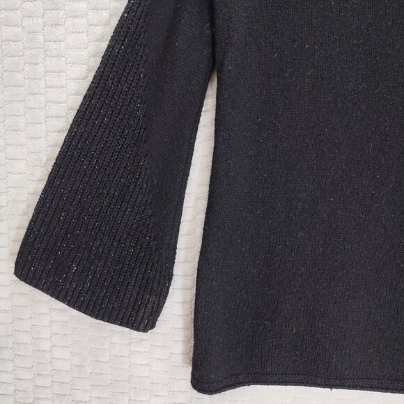 Chico's Wool Black Crew Neck Sweater Subtle Metallic Ribbed Bell Sleeves-Sz 4 - Picture 2 of 7